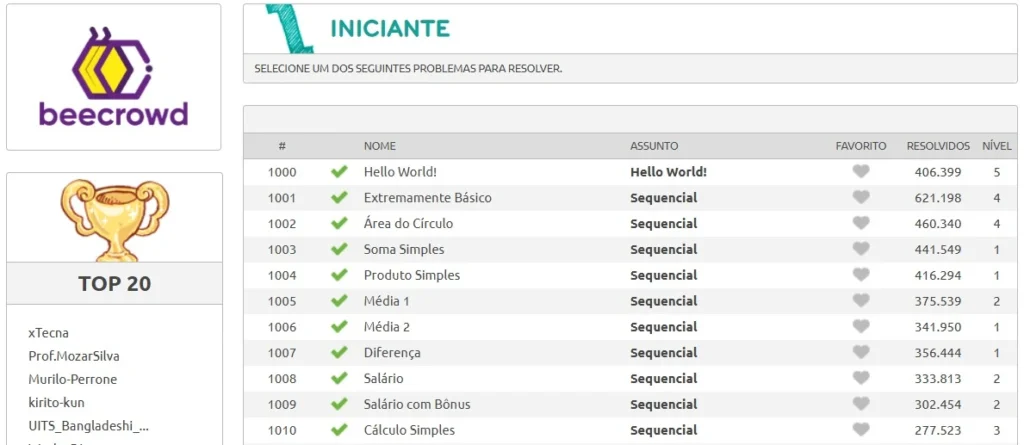 Imagem do menu de problemas iniciantes do beecrowd